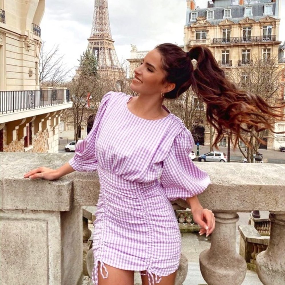 Zara Gingham Ruched Mini Dress Bodycon 3/4 Puff Sleeve Lilac White Check Medium